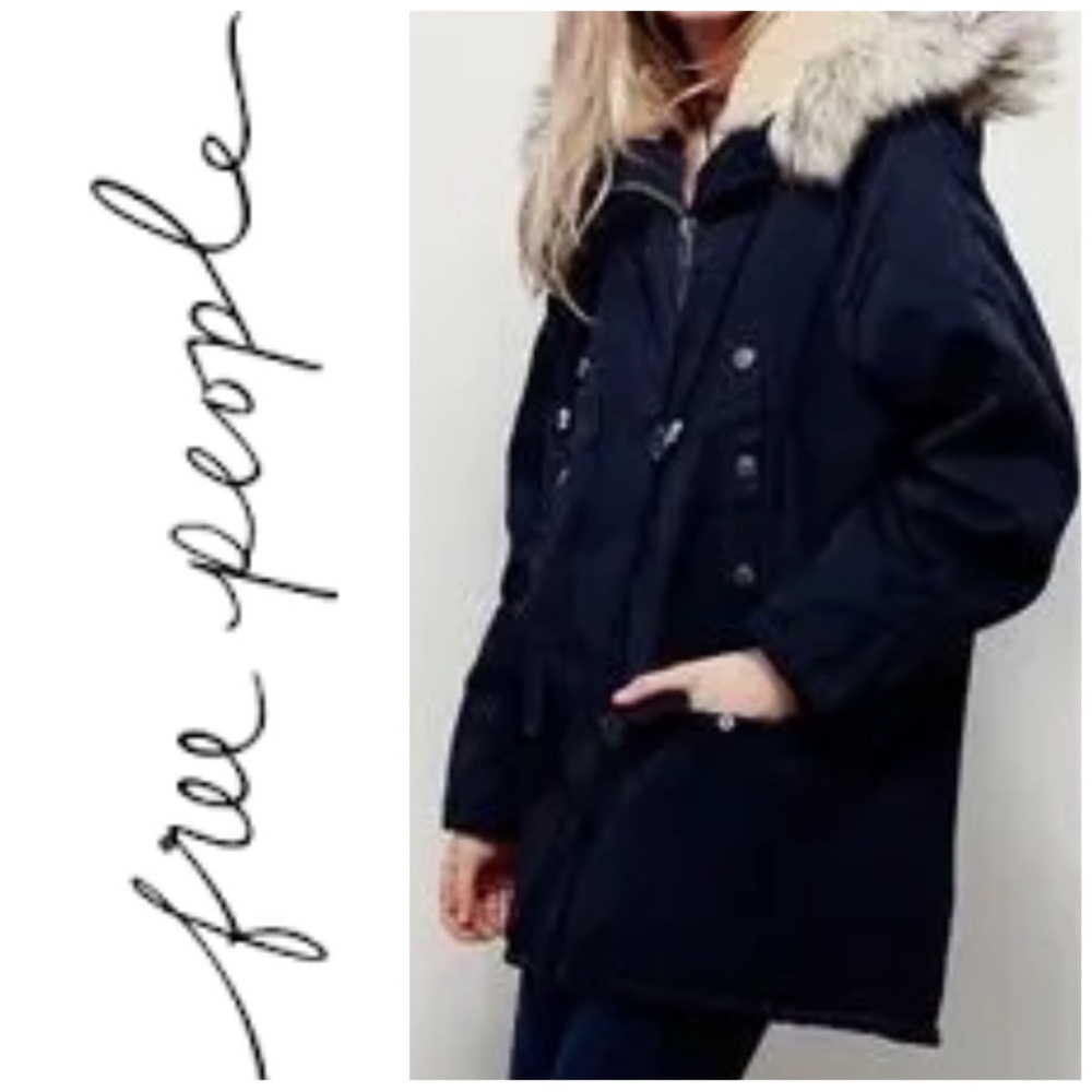 Free People Black Oversized Whistler Winter Parka with Faux Fur Size XS